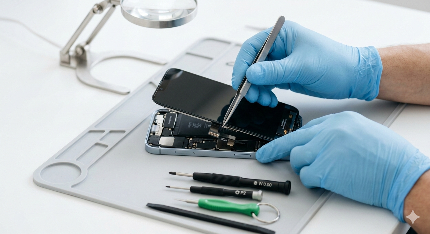 Close up of a phone screen repair in progress