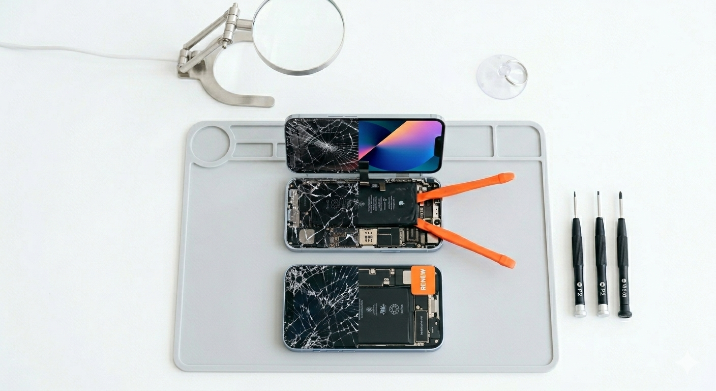 Internal components of a smartphone being repaired